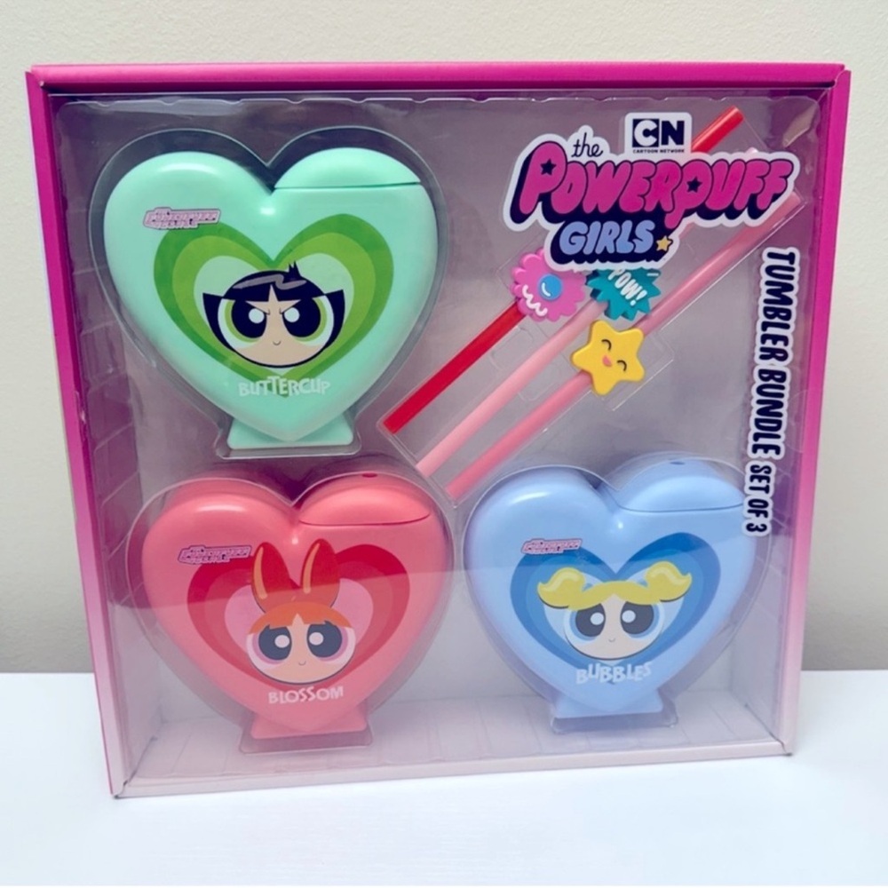 NIB Powerpuff Girls Set of 3 20 oz Tumblers w/ Straws Blossom Bubbles Buttercup